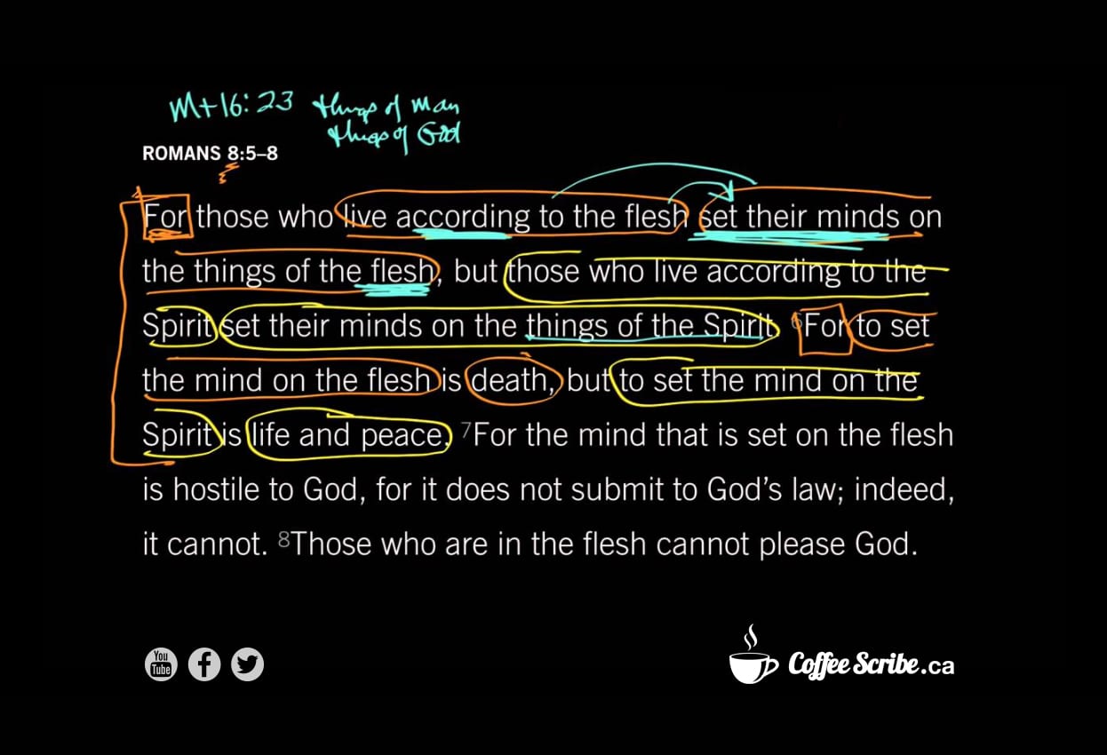 Romans 8:5-8, live according to the flesh, set your mind on the things of the Spirit